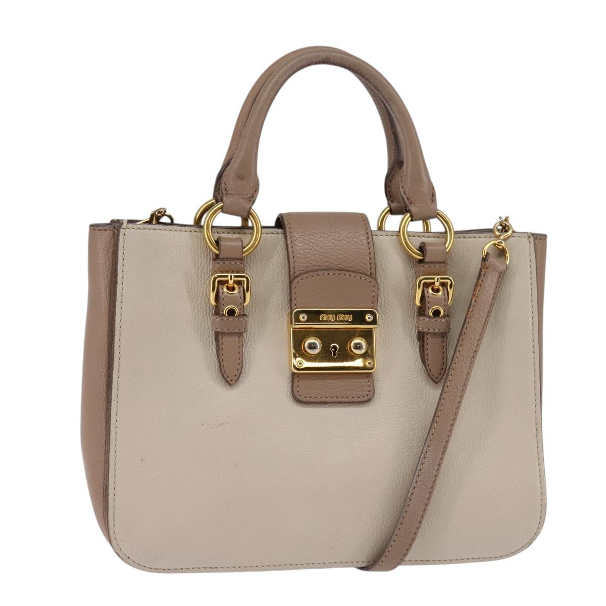 Miu Miu Hand Bag Leather 2way Beige Gold Auth gh888