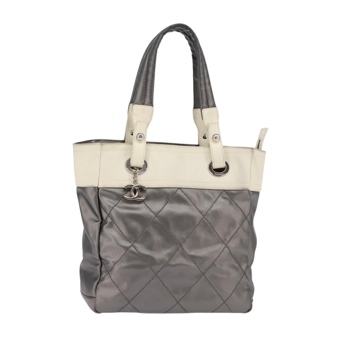 CHANEL Paris Biarritz Tote Tote Bag Coated Canvas Silver CC Auth gh895