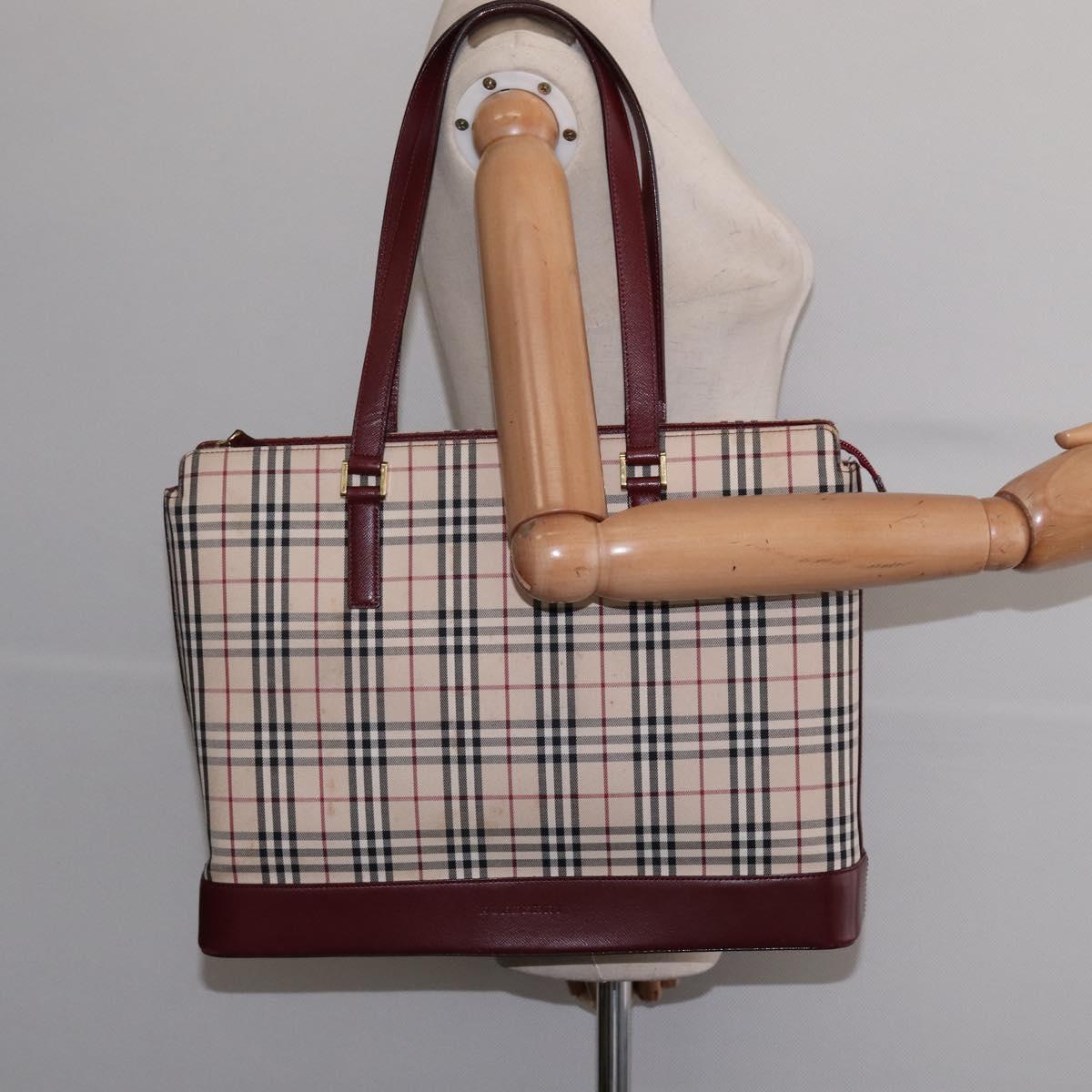BURBERRY Nova Check Tote Bag Canvas Leather Beige Gold Auth gh896