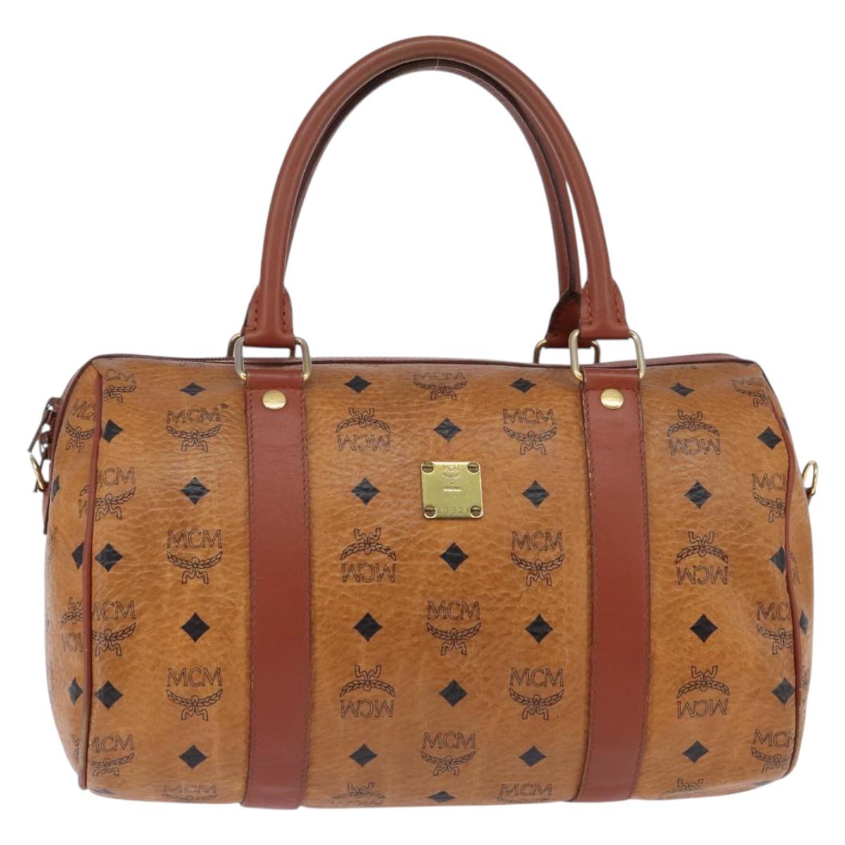 MCM Logogram Vicetos Boston Bag PVC Leather Brown Gold Auth gh902