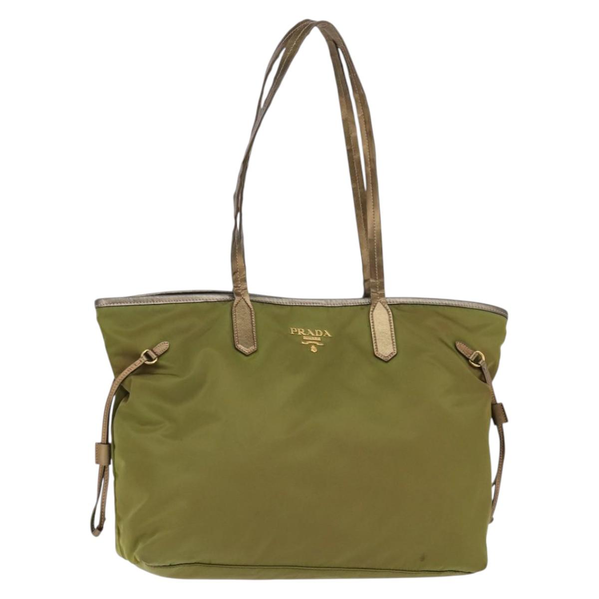 PRADA Tote Bag Nylon Khaki Gold Auth gh915