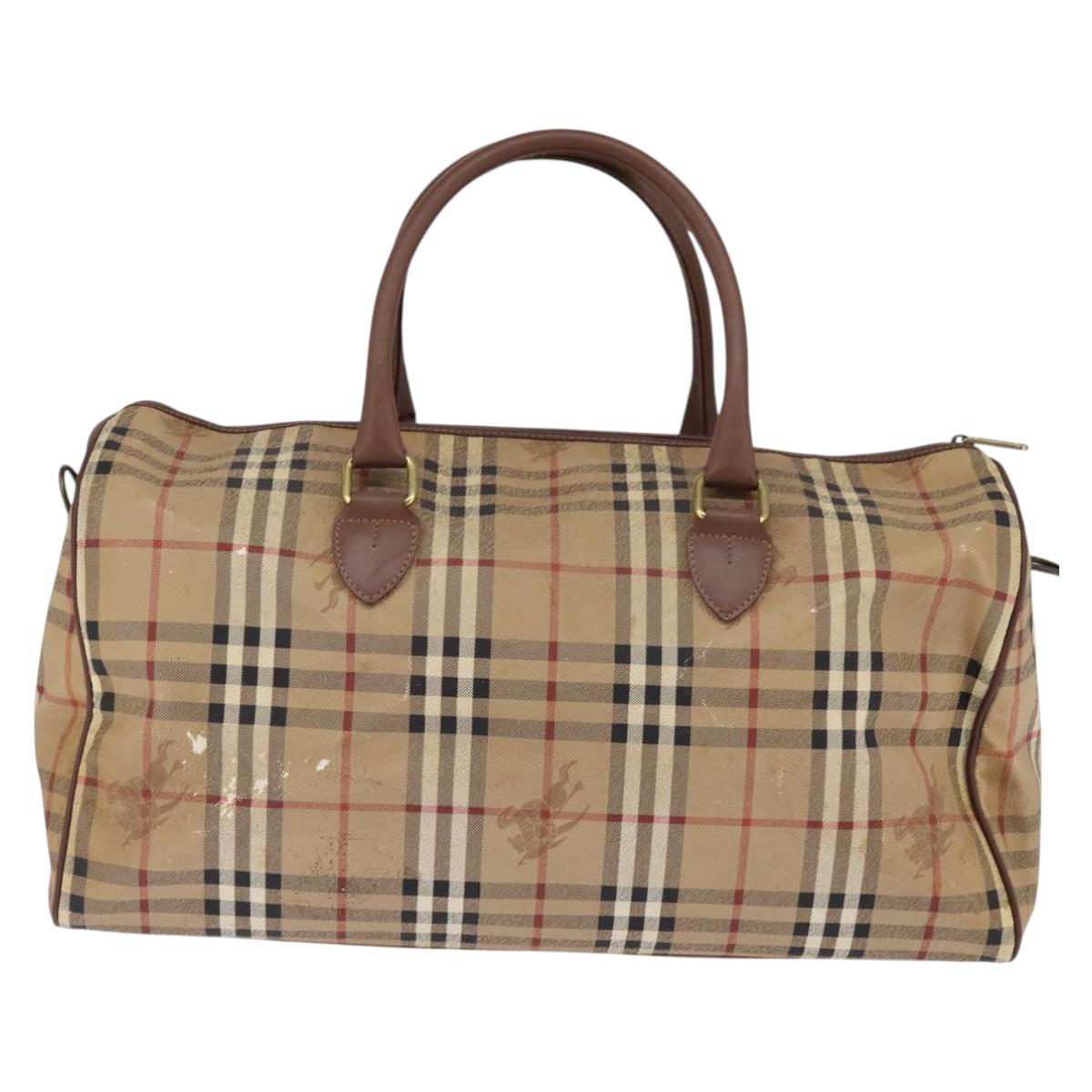 Burberrys Nova Check Boston Bag PVC Beige Gold Auth gh919