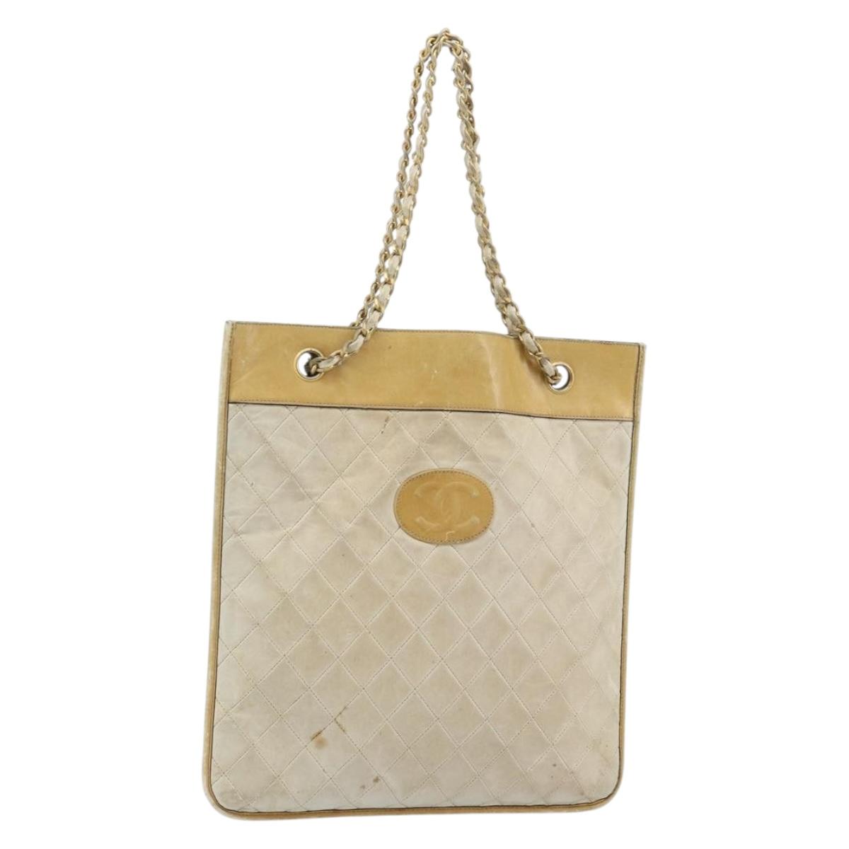 CHANEL Chain Tote Bag Lamb Skin Beige Gold CC Auth gh972