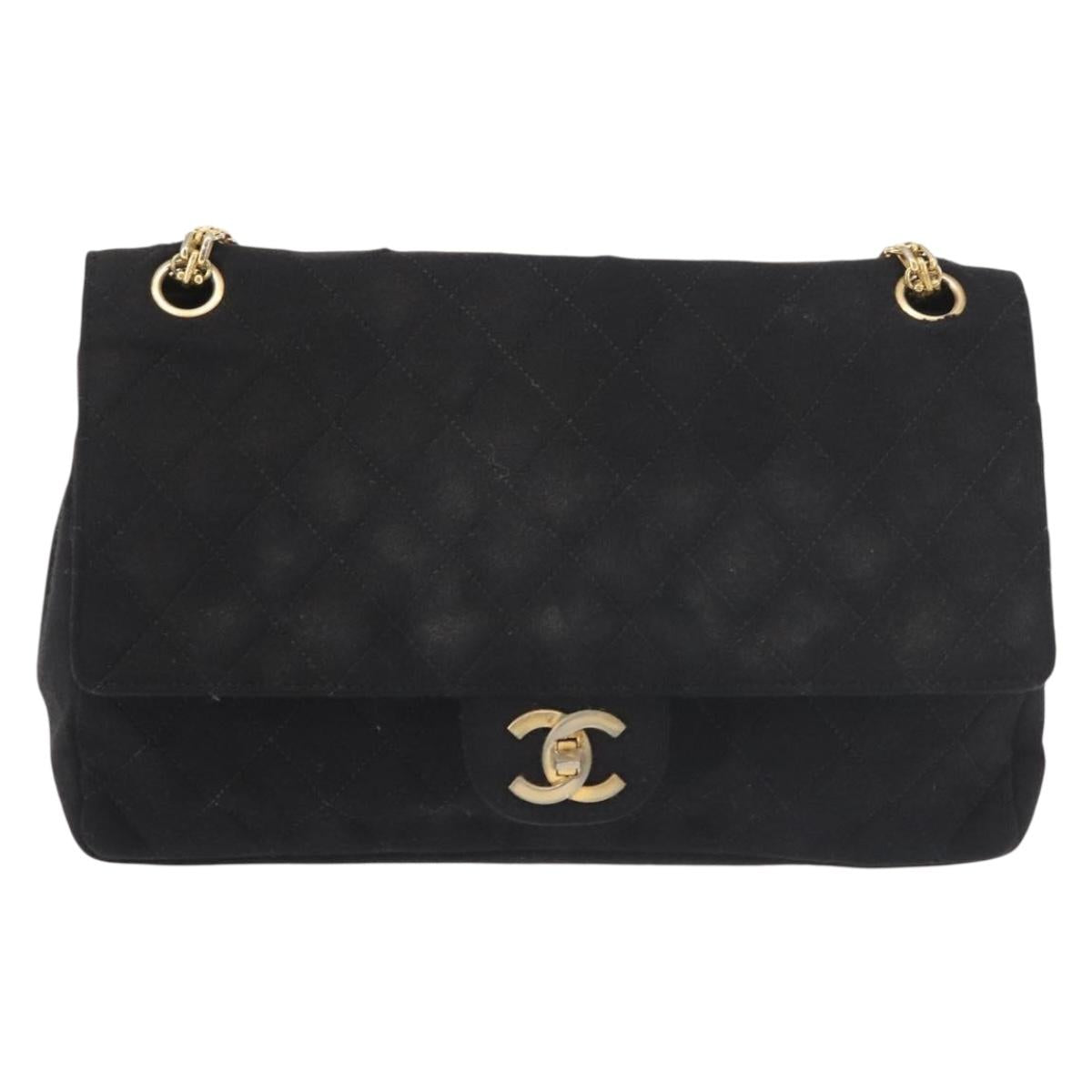 CHANEL Matelasse Chain Shoulder Bag Cotton Black Gold CC Auth gh984