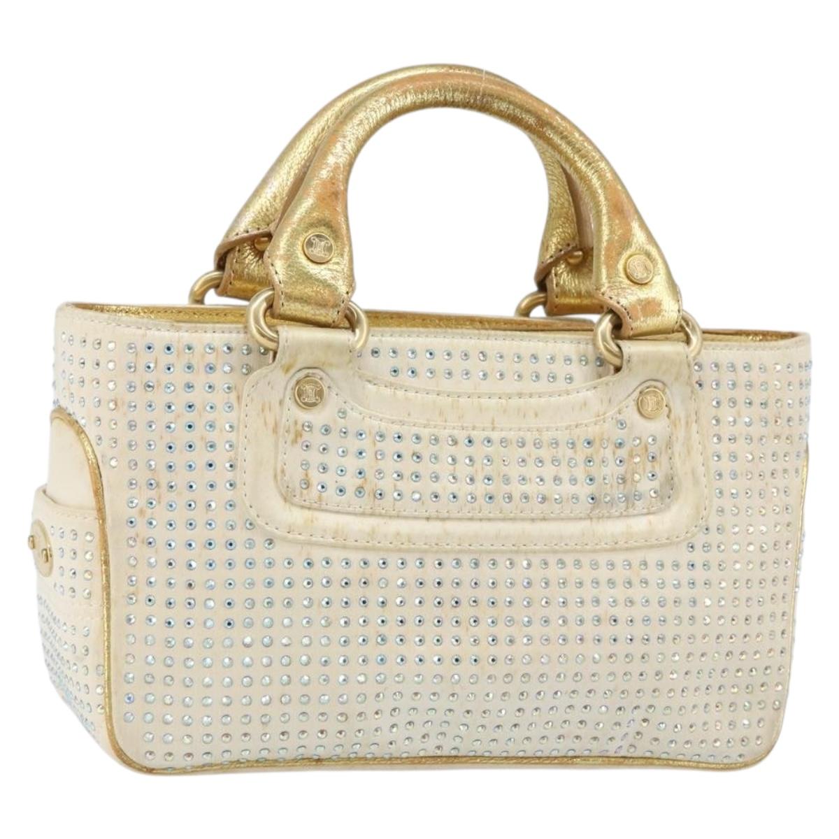 CELINE Hand Bag Satin Beige Gold Auth gh992