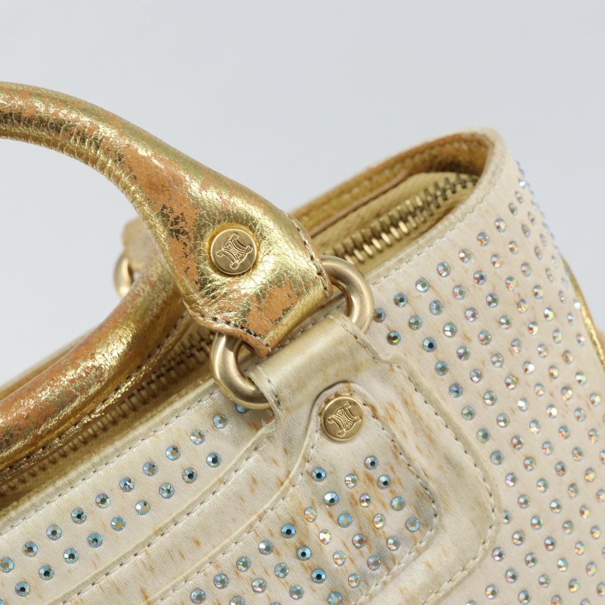 CELINE Hand Bag Satin Beige Gold Auth gh992