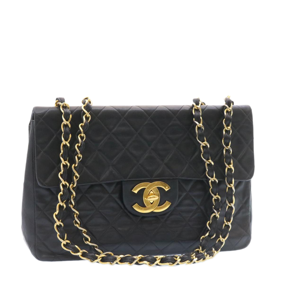 CHANEL Big Matelasse 34 Flap Chain Bag Lamb Skin Black Gold CC Auth am1276gSAM