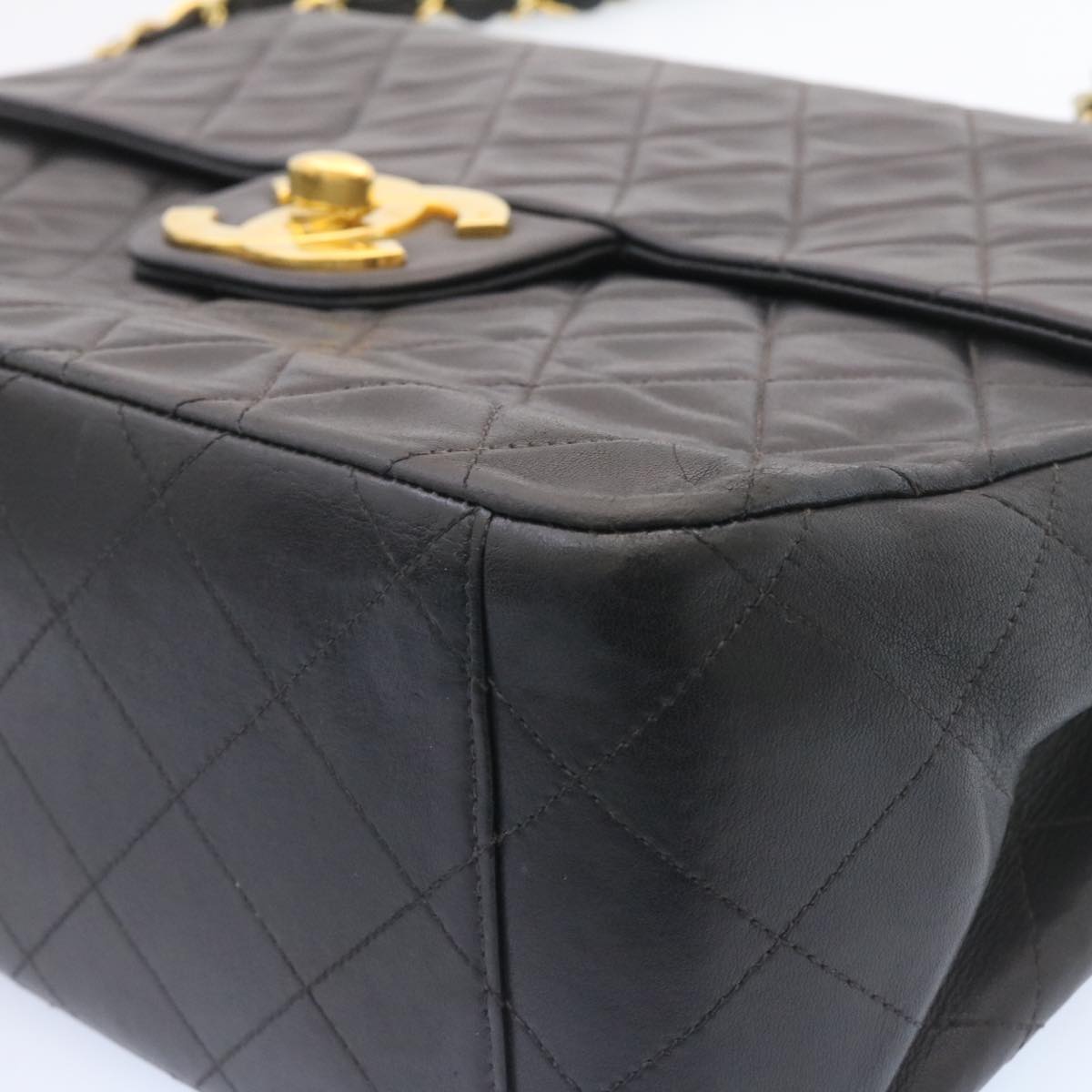 CHANEL Big Matelasse 34 Flap Chain Bag Lamb Skin Black Gold CC Auth am1276gSAM