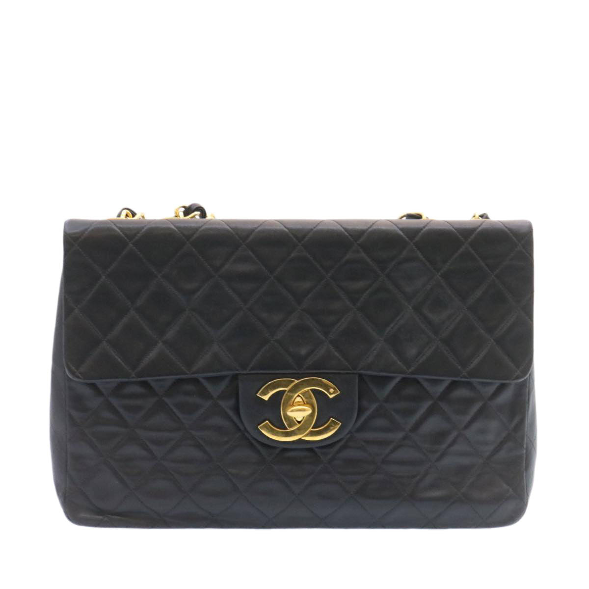 CHANEL Big Matelasse 34 Flap Chain Bag Lamb Skin Black Gold CC Auth am1276gSAM