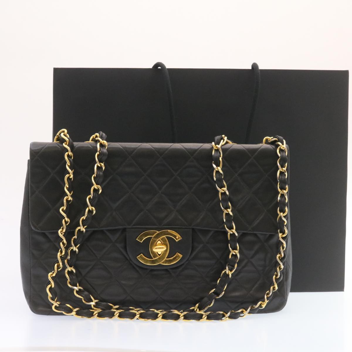 CHANEL Big Matelasse 34 Flap Chain Bag Lamb Skin Black Gold CC Auth am1276gSAM
