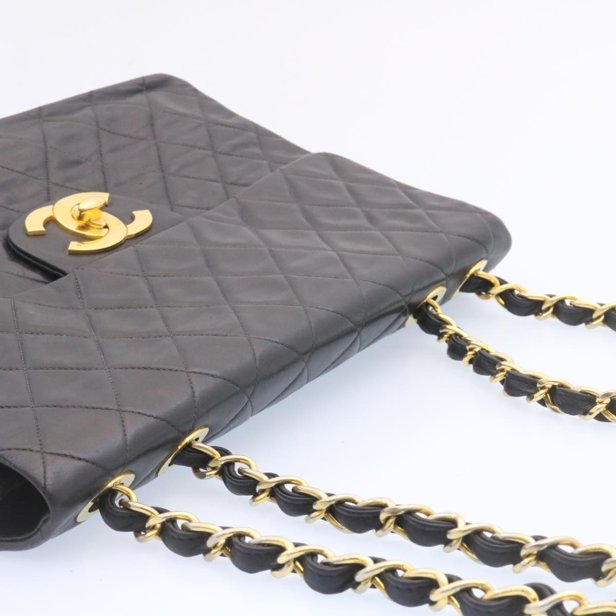 CHANEL Big Matelasse 34 Flap Chain Bag Lamb Skin Black Gold CC Auth am1276gSAM