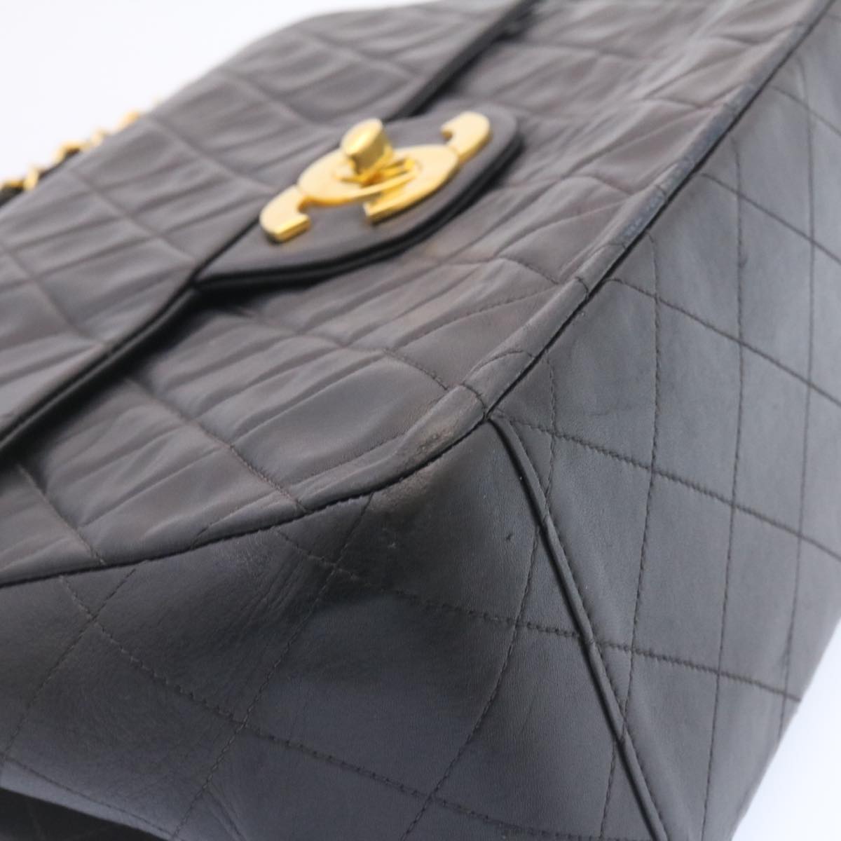 CHANEL Big Matelasse 34 Flap Chain Bag Lamb Skin Black Gold CC Auth am1276gSAM