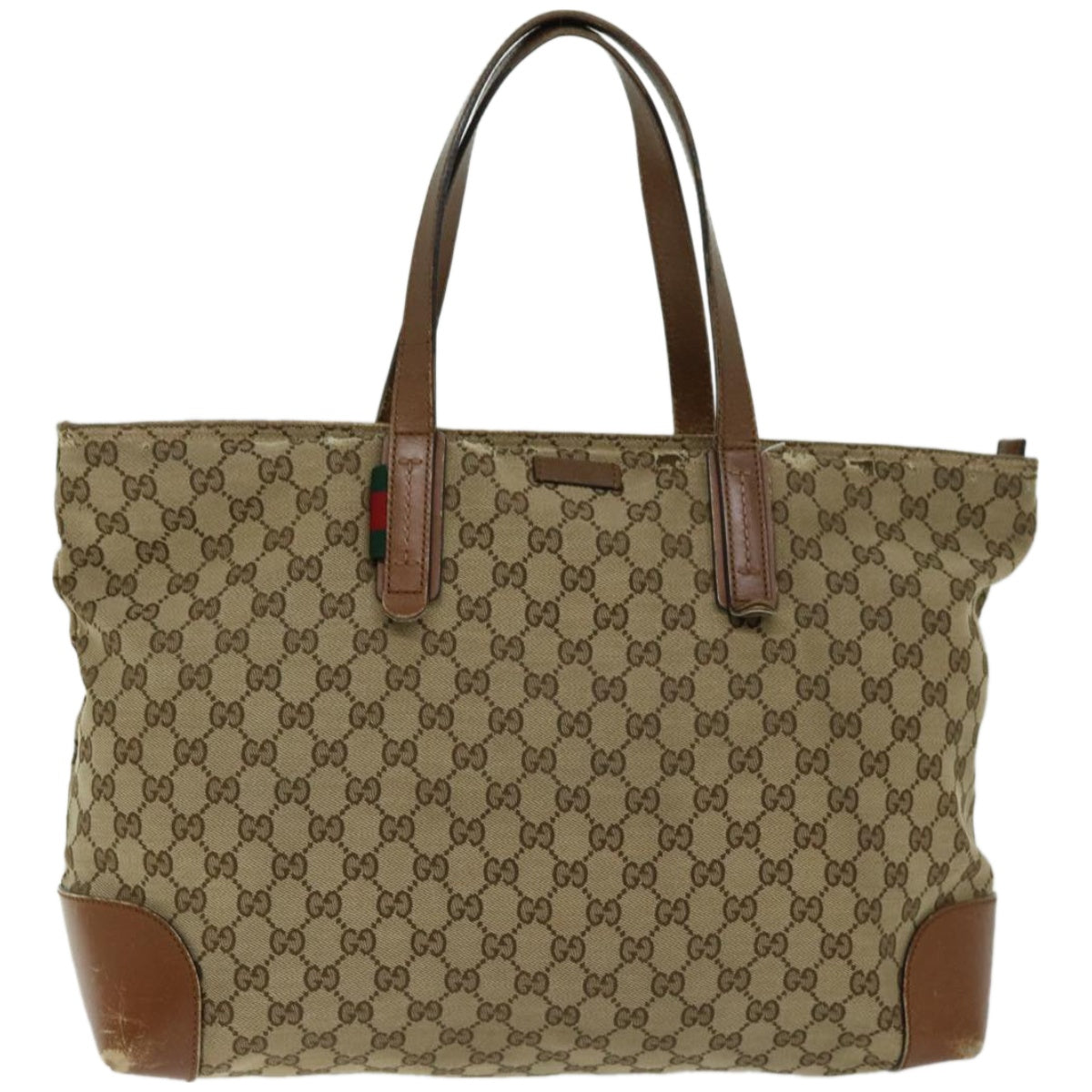 GUCCI GG Canvas Web Sherry Line Tote Bag Beige Red Green 308928 Auth hk1105
