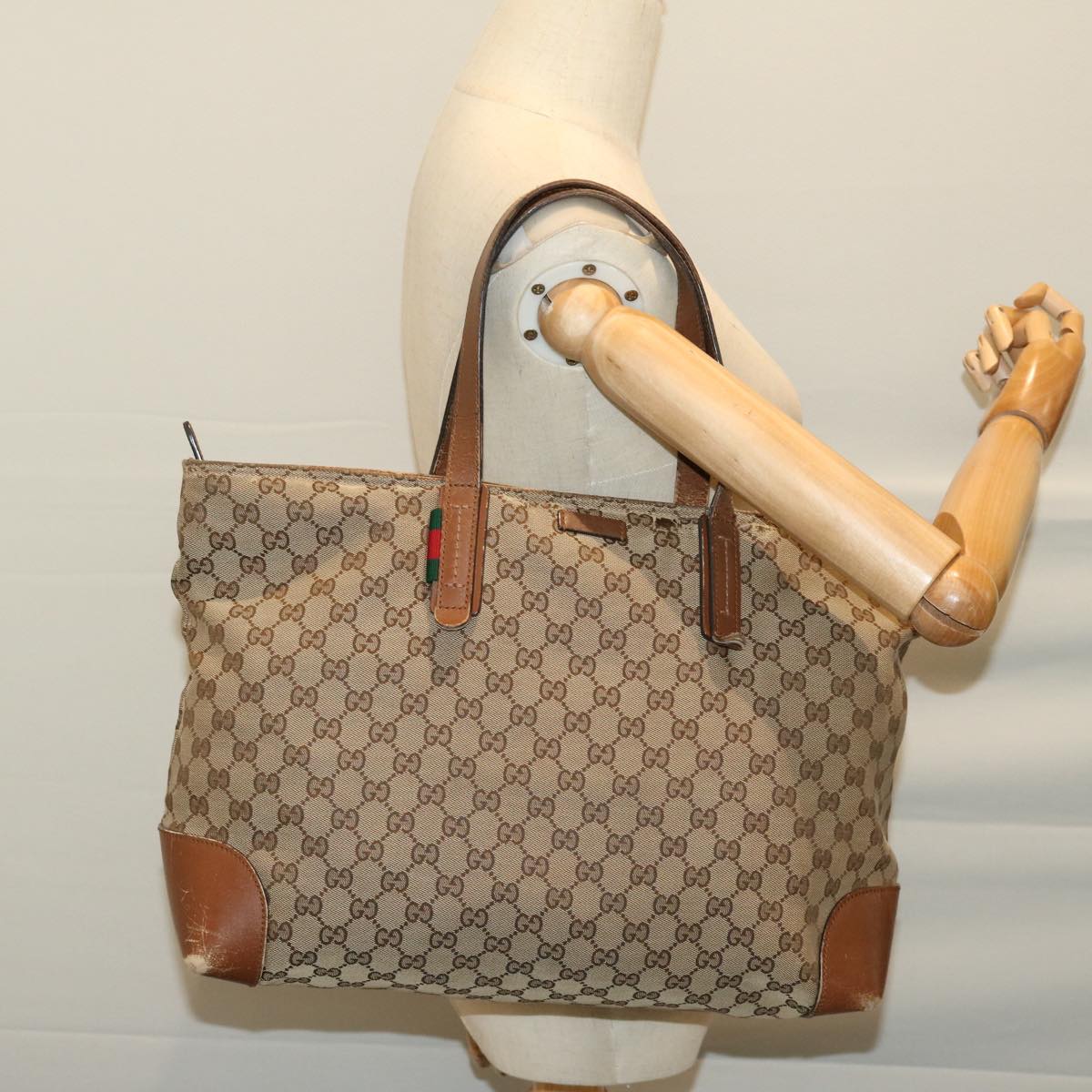GUCCI GG Canvas Web Sherry Line Tote Bag Beige Red Green 308928 Auth hk1105