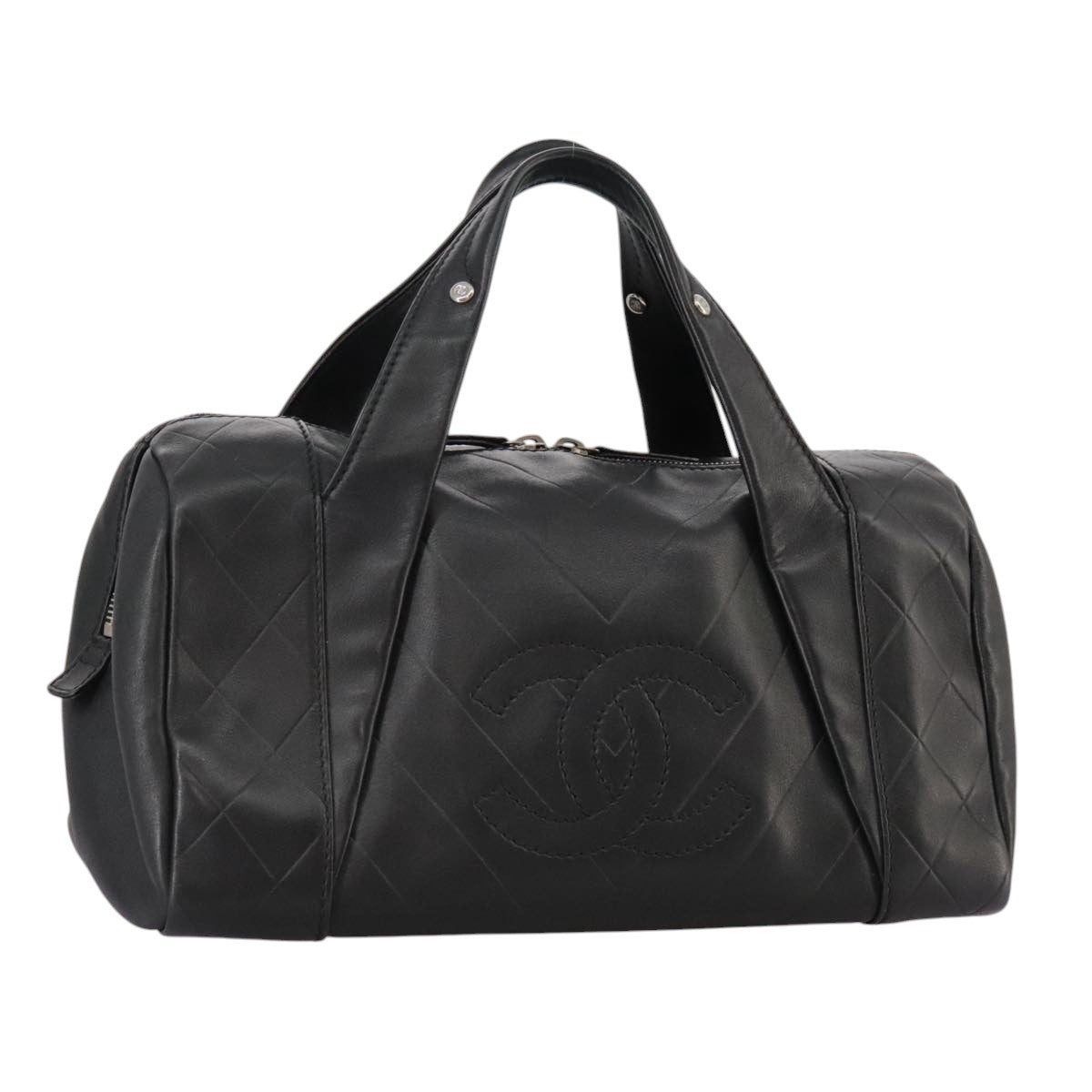 CHANEL V Stitch Hand Bag Leather Black Silver CC Auth hk1897V