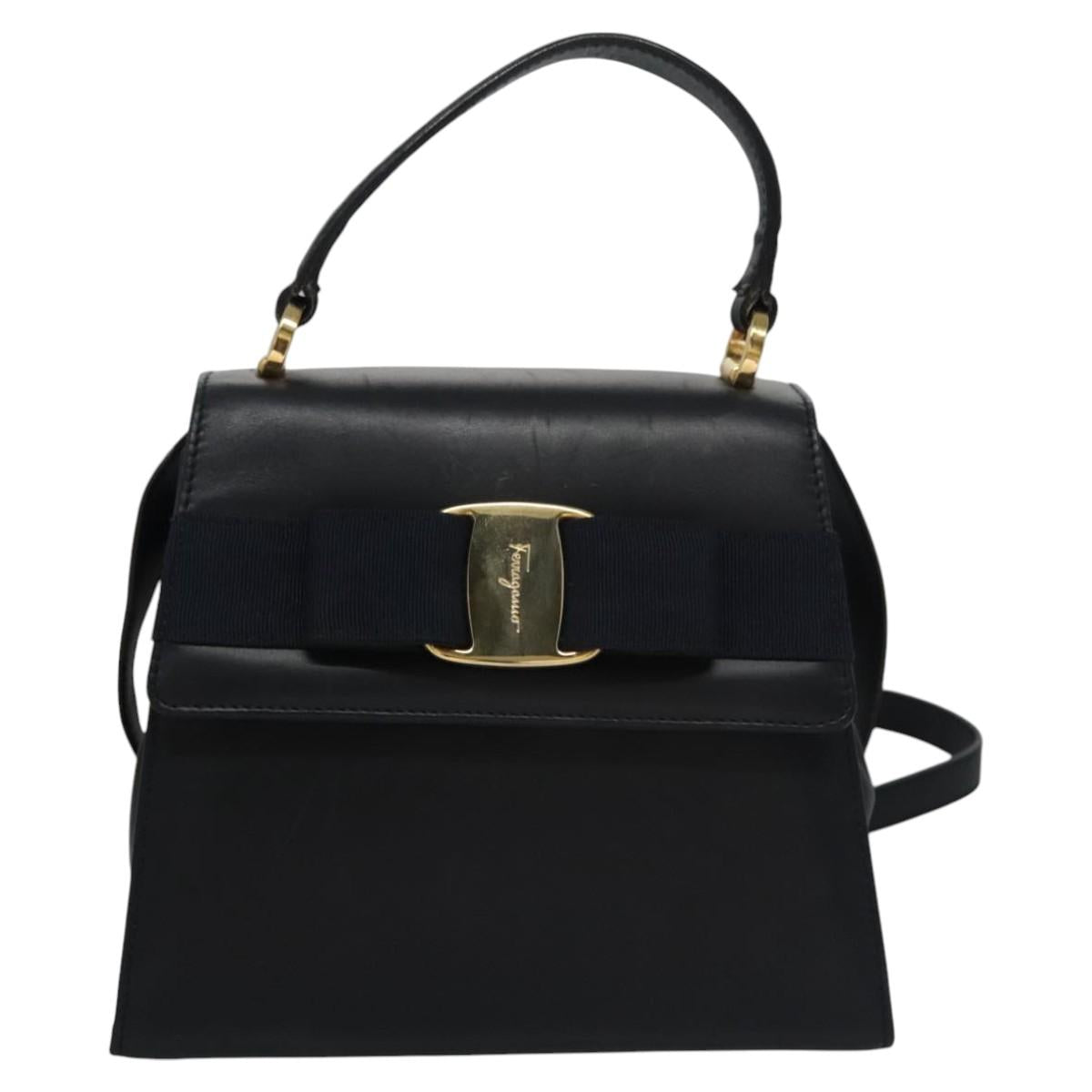 Salvatore Ferragamo Vala Hand Bag Leather Navy Gold Auth hk2025