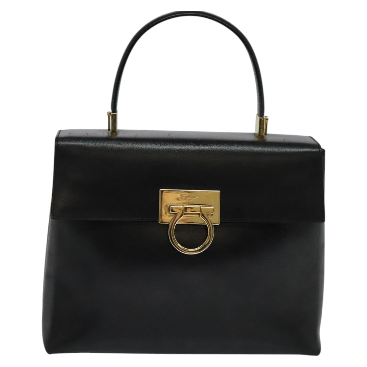 Salvatore Ferragamo Gancini Hand Bag Leather 2way Black Gold Auth hk2029