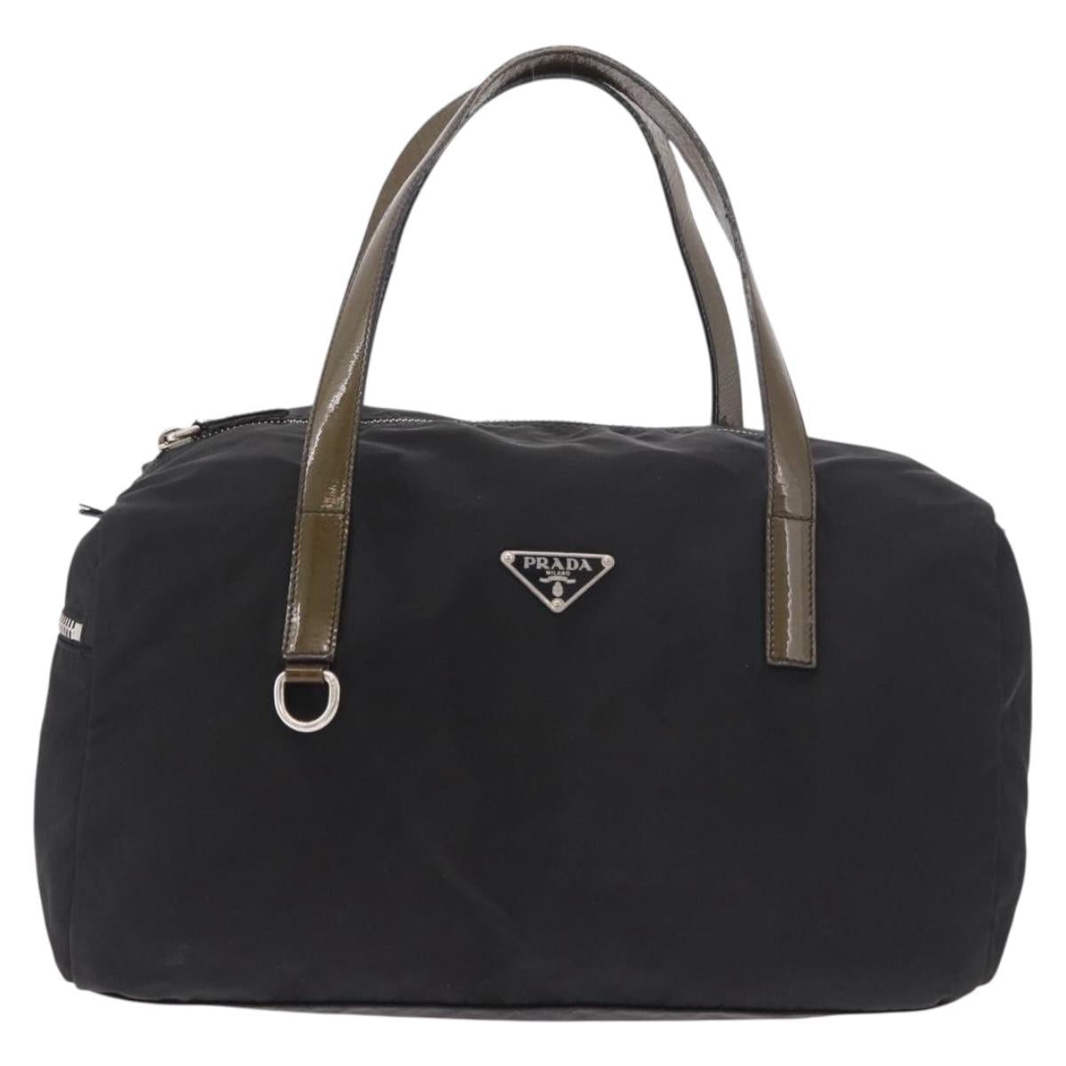 PRADA Hand Bag Nylon Enamel Black Khaki Silver Auth hk2037