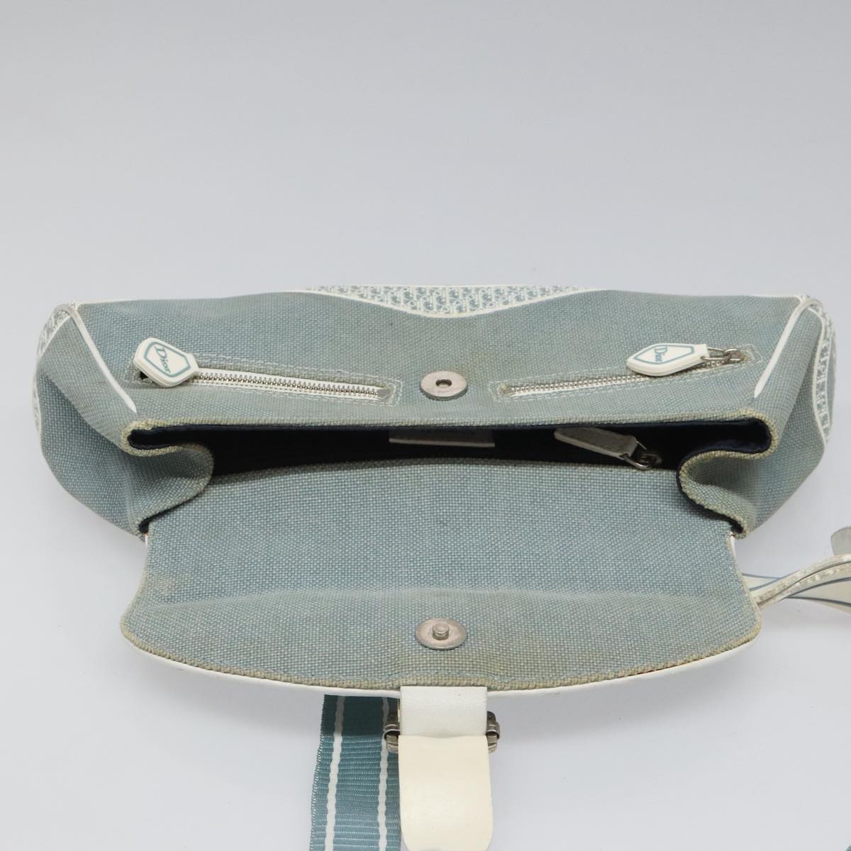 Christian Dior Trotter Canvas Shoulder Bag Canvas Blue White Silver Auth hk2057