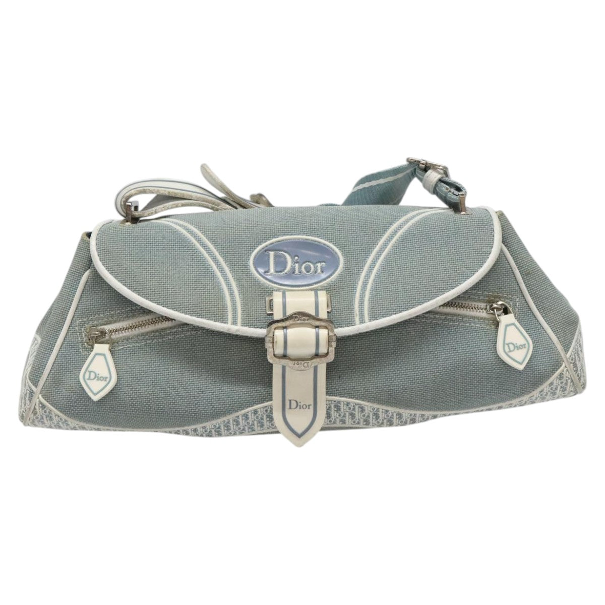 Christian Dior Trotter Canvas Shoulder Bag Canvas Blue White Silver Auth hk2057