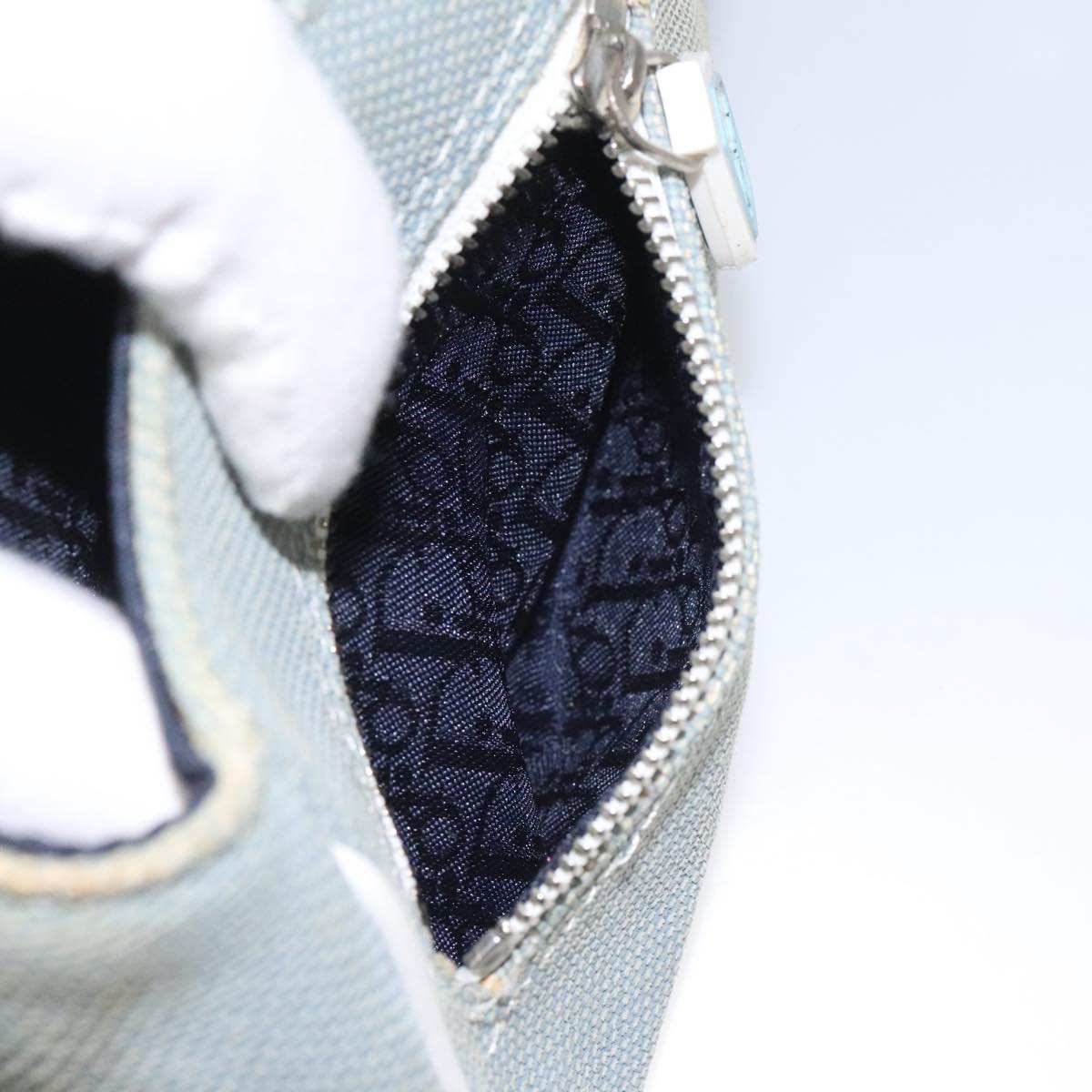 Christian Dior Trotter Canvas Shoulder Bag Canvas Blue White Silver Auth hk2057