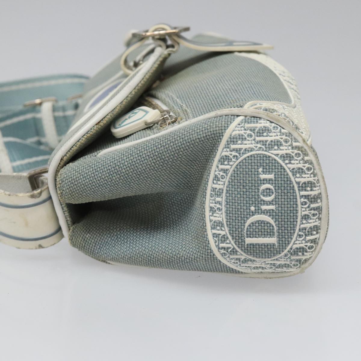 Christian Dior Trotter Canvas Shoulder Bag Canvas Blue White Silver Auth hk2057