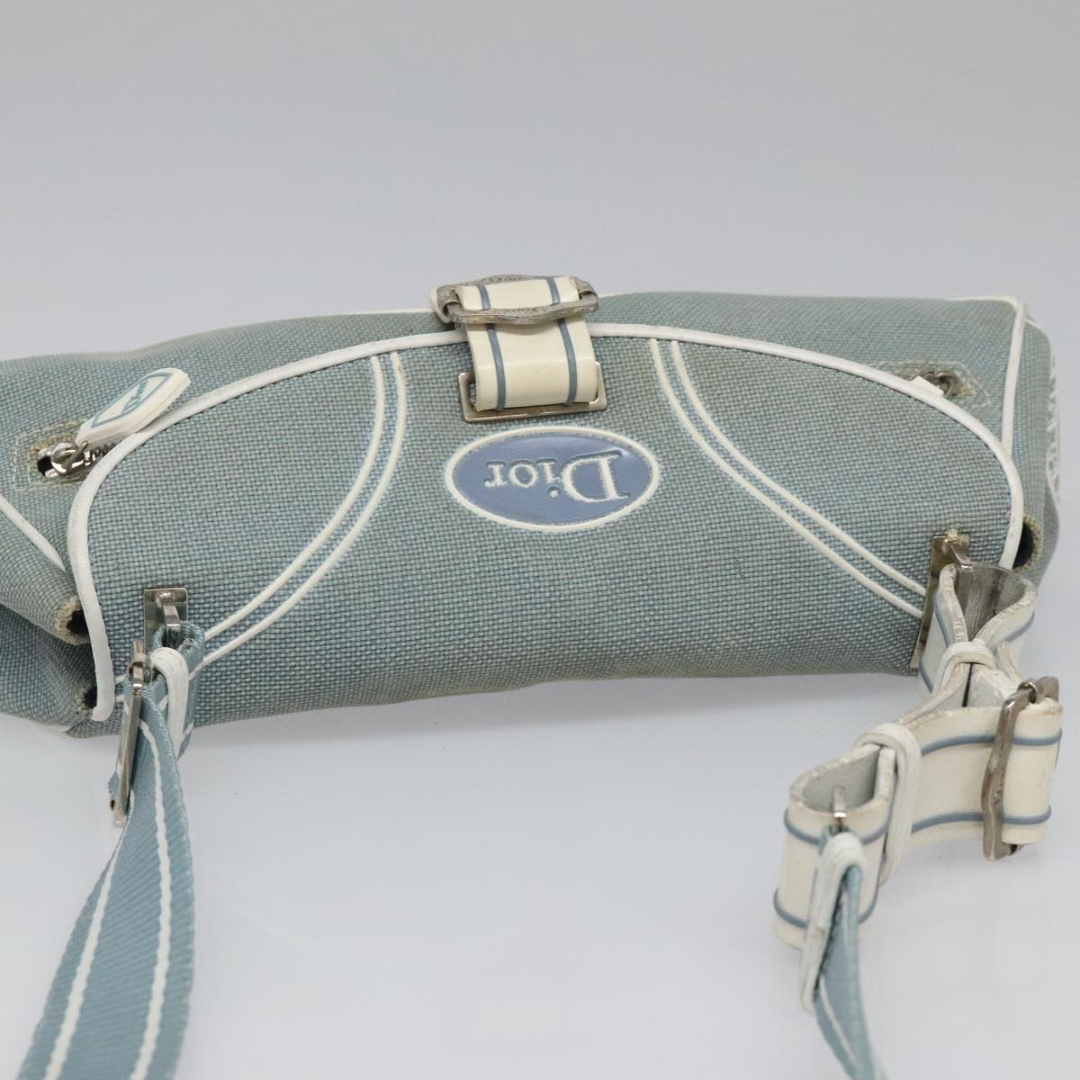 Christian Dior Trotter Canvas Shoulder Bag Canvas Blue White Silver Auth hk2057