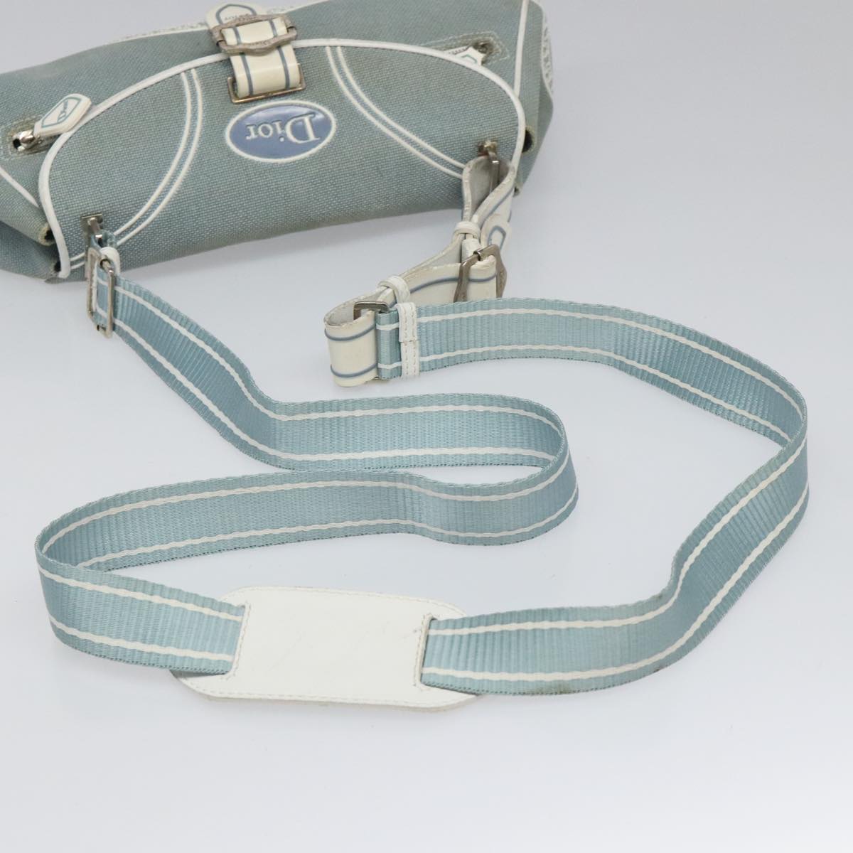 Christian Dior Trotter Canvas Shoulder Bag Canvas Blue White Silver Auth hk2057
