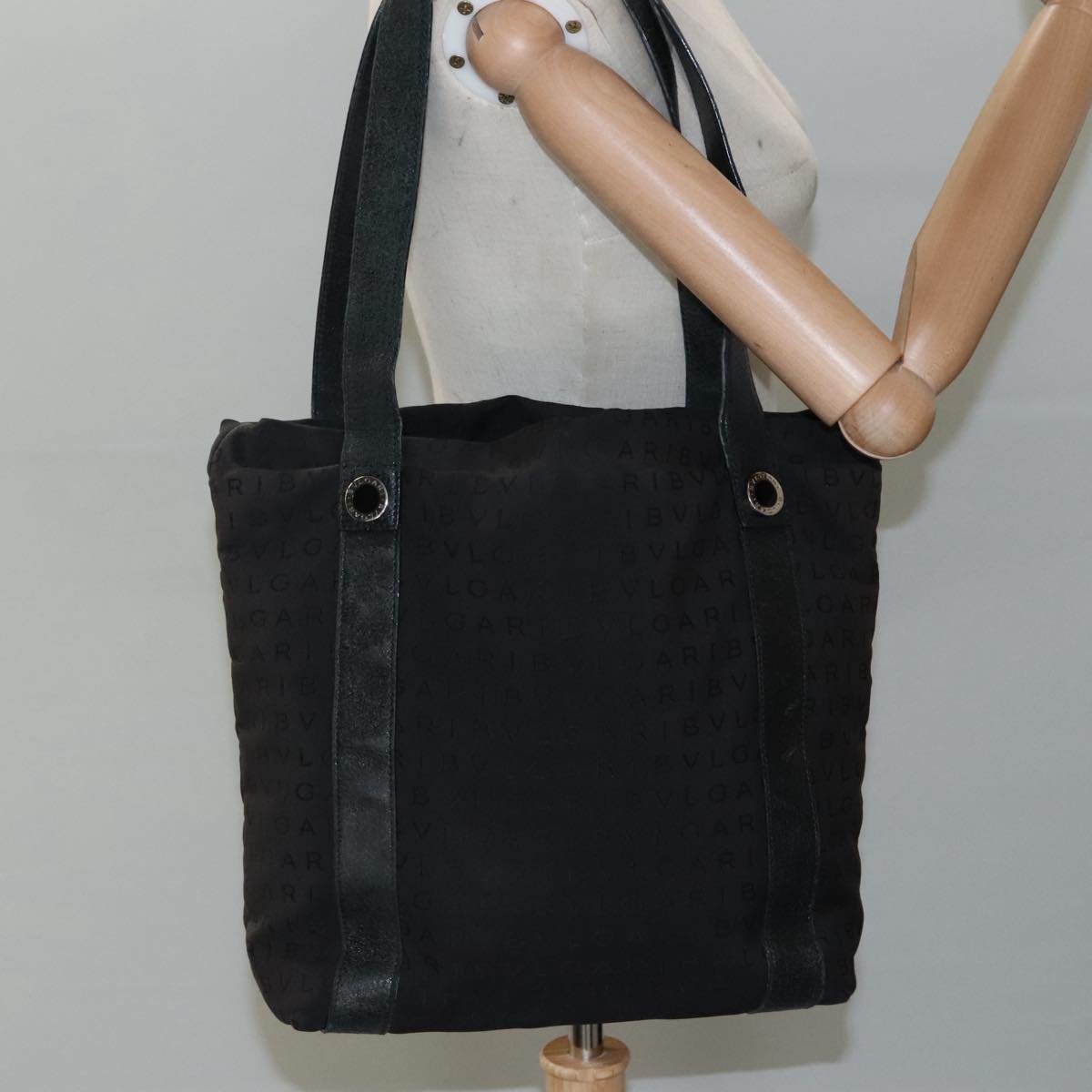 BVLGARI Tote Bag Canvas Leather Black Silver Auth hk2061
