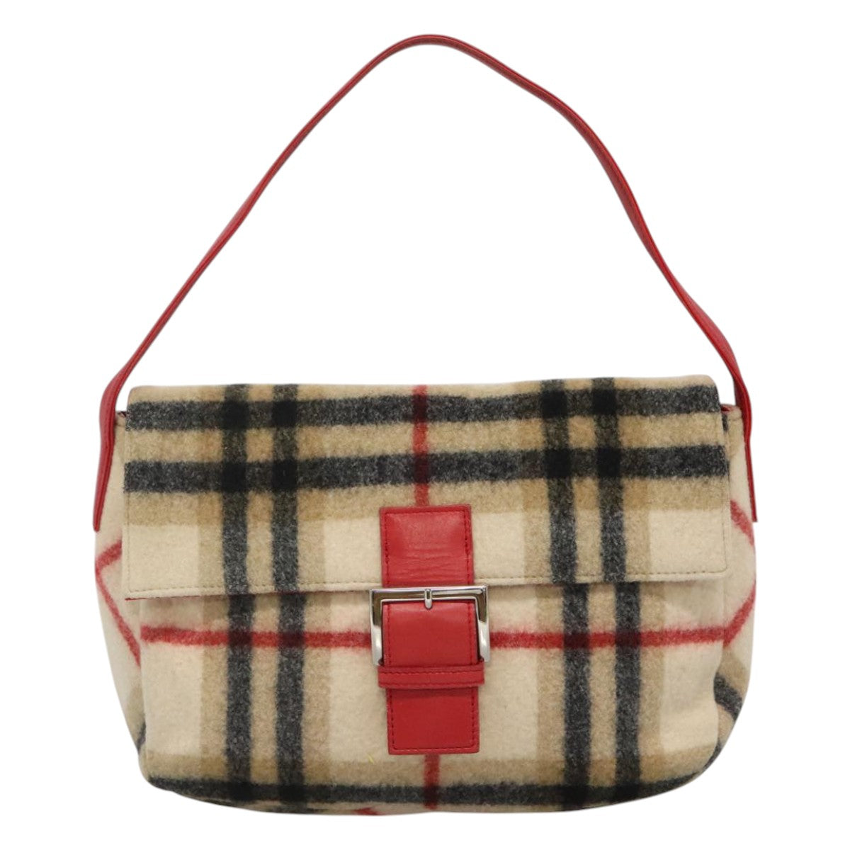 Burberrys Nova Check Blue Label Shoulder Bag Wool Beige Red Silver Auth hk2090