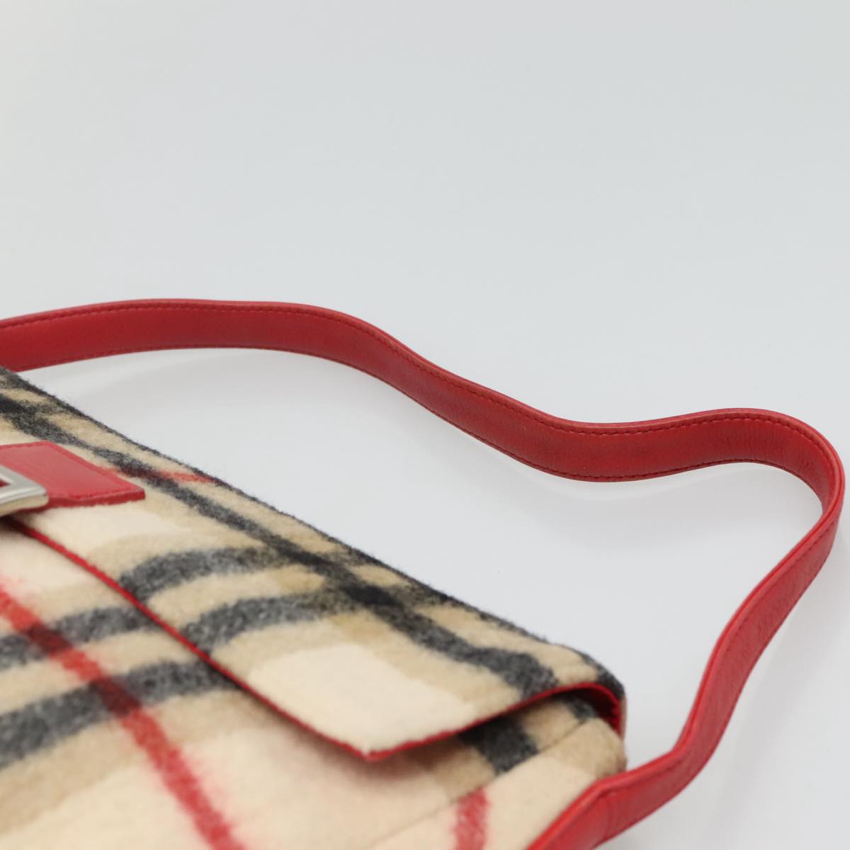 Burberrys Nova Check Blue Label Shoulder Bag Wool Beige Red Silver Auth hk2090