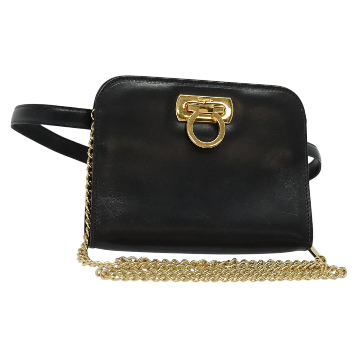 Salvatore Ferragamo Gancini Chain Bag Leather 2way Black Gold Silver Auth hk2202