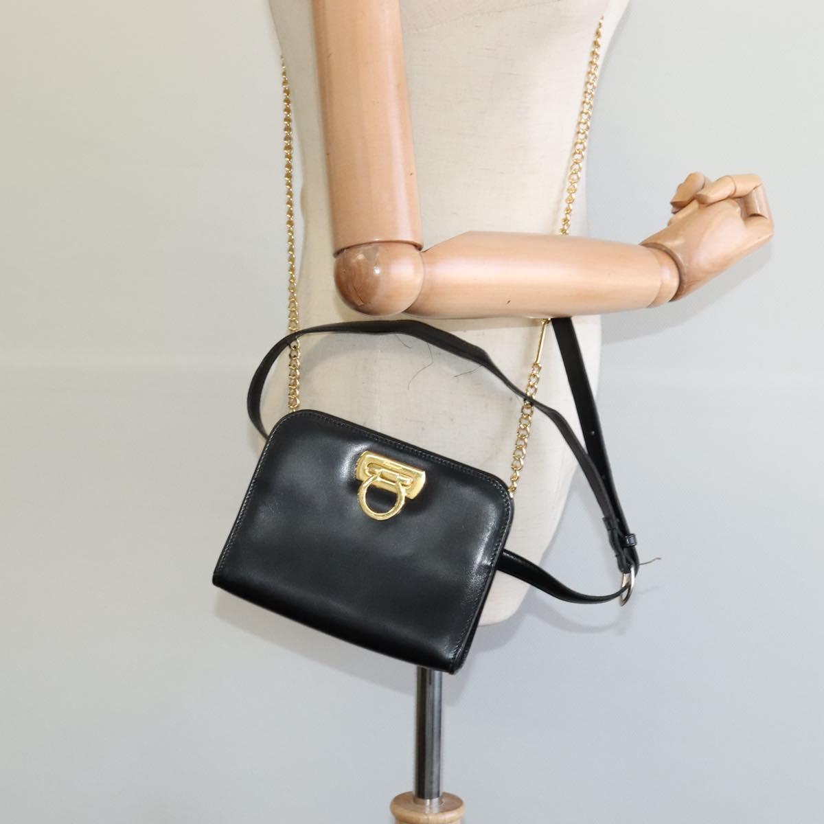 Salvatore Ferragamo Gancini Chain Bag Leather 2way Black Gold Silver Auth hk2202