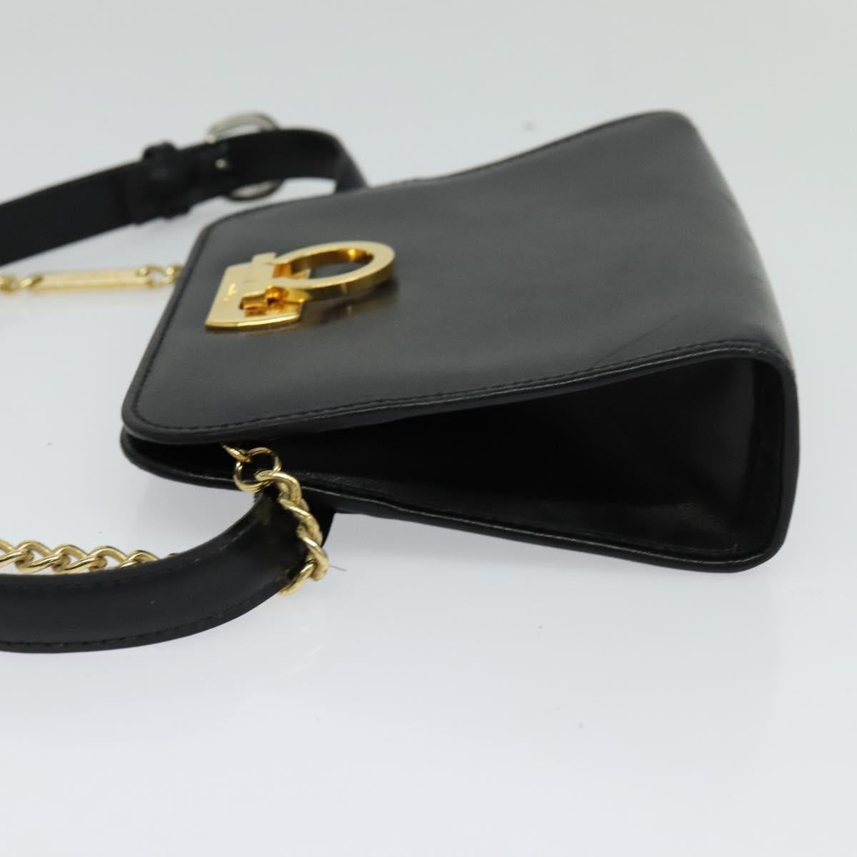 Salvatore Ferragamo Gancini Chain Bag Leather 2way Black Gold Silver Auth hk2202