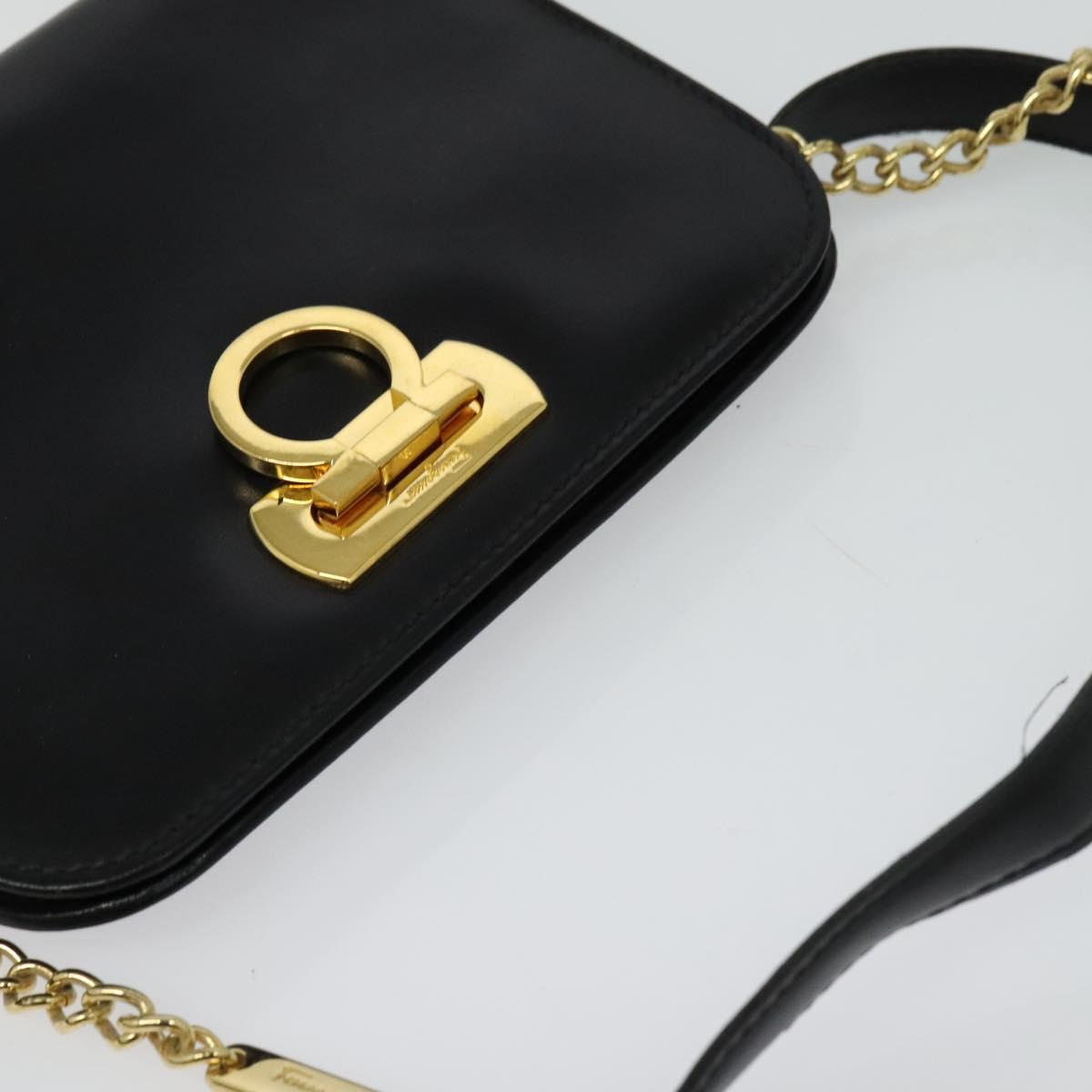 Salvatore Ferragamo Gancini Chain Bag Leather 2way Black Gold Silver Auth hk2202