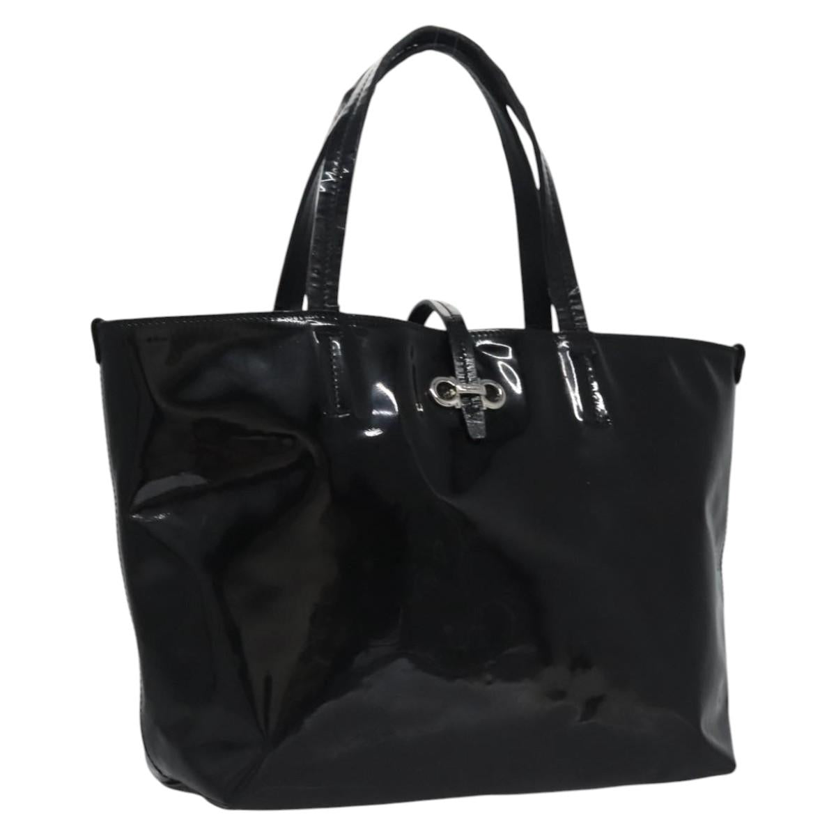 Salvatore Ferragamo Gancini Hand Bag Patent leather Black Silver Auth hk2206