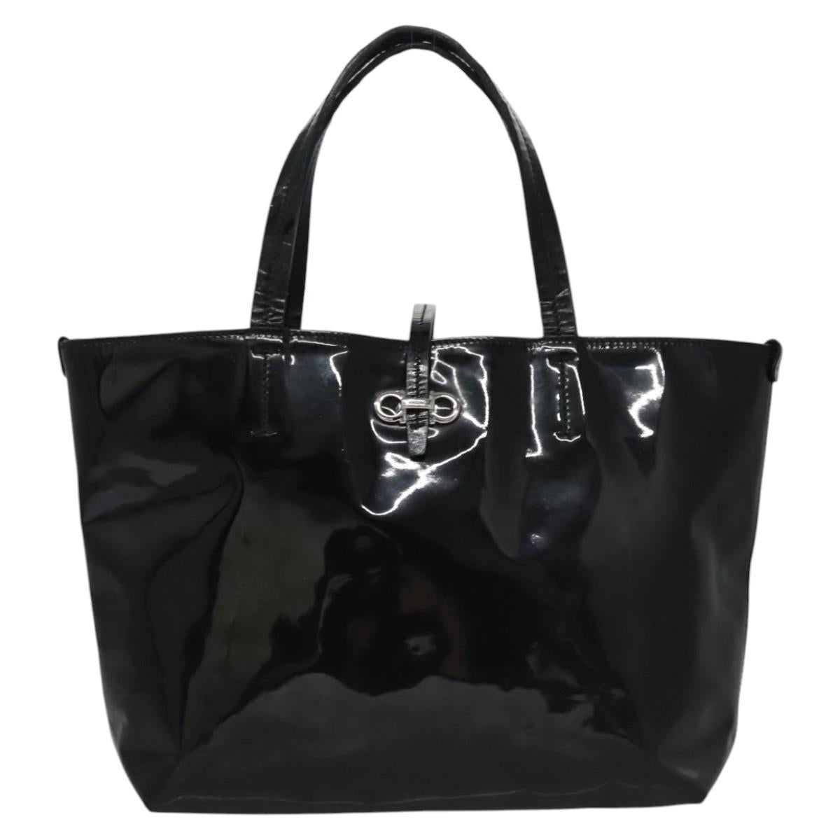 Salvatore Ferragamo Gancini Hand Bag Patent leather Black Silver Auth hk2206