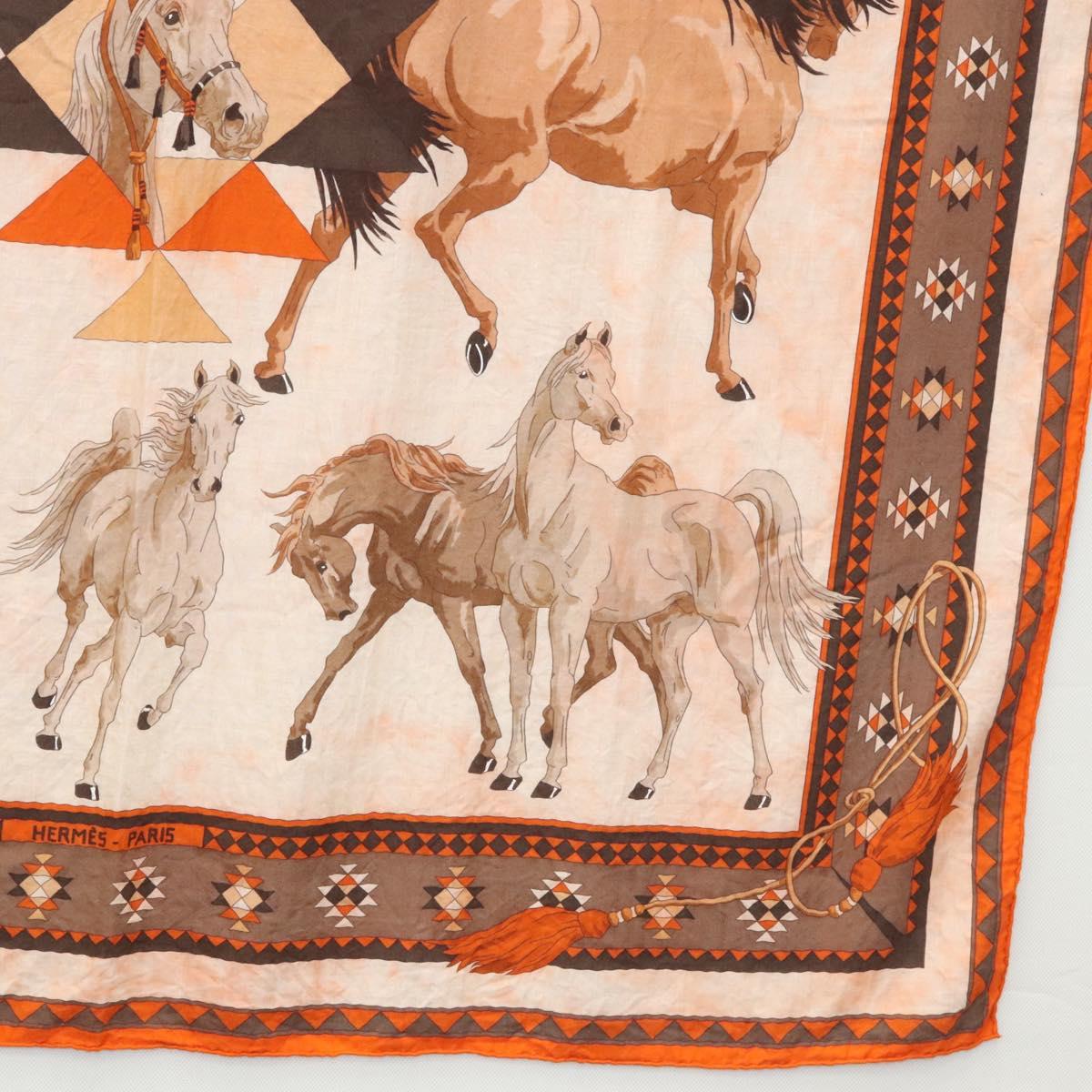 HERMES Carre 140 Scarf ""LES CHEVAUX QATARIS"" Cashmere Orange Beige Auth hk2281