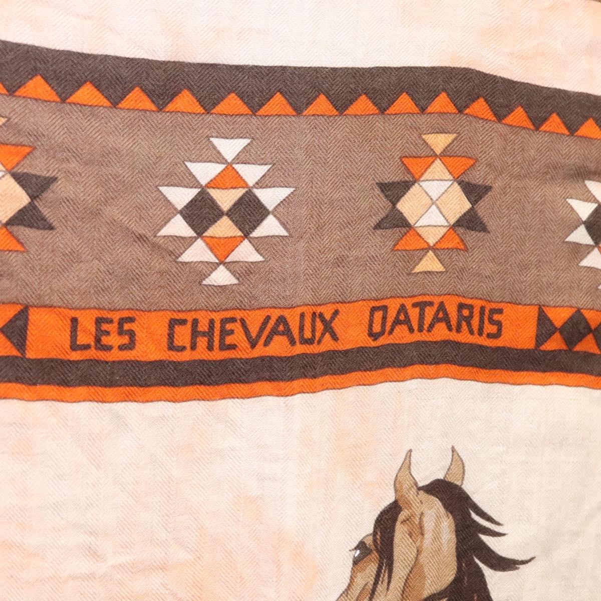 HERMES Carre 140 Scarf ""LES CHEVAUX QATARIS"" Cashmere Orange Beige Auth hk2281