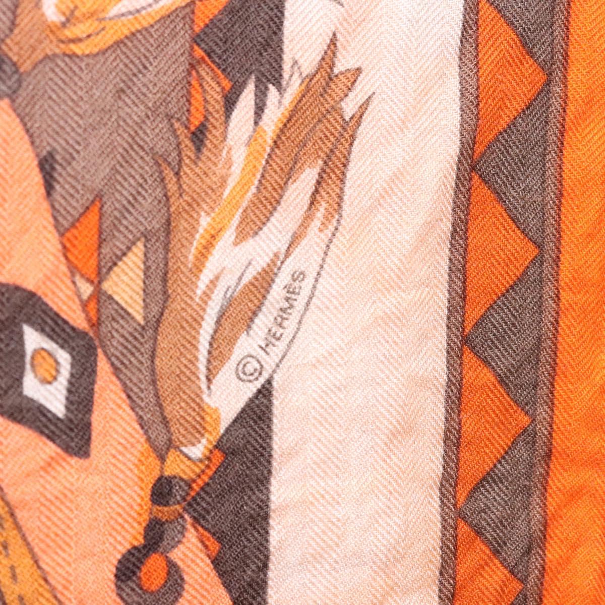HERMES Carre 140 Scarf ""LES CHEVAUX QATARIS"" Cashmere Orange Beige Auth hk2281