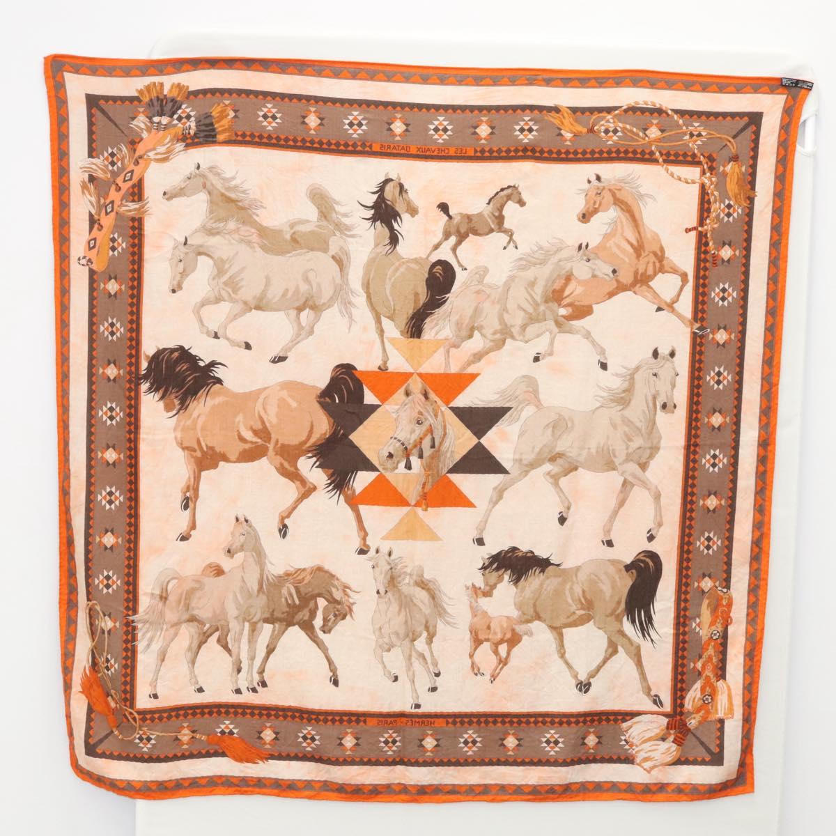 HERMES Carre 140 Scarf ""LES CHEVAUX QATARIS"" Cashmere Orange Beige Auth hk2281
