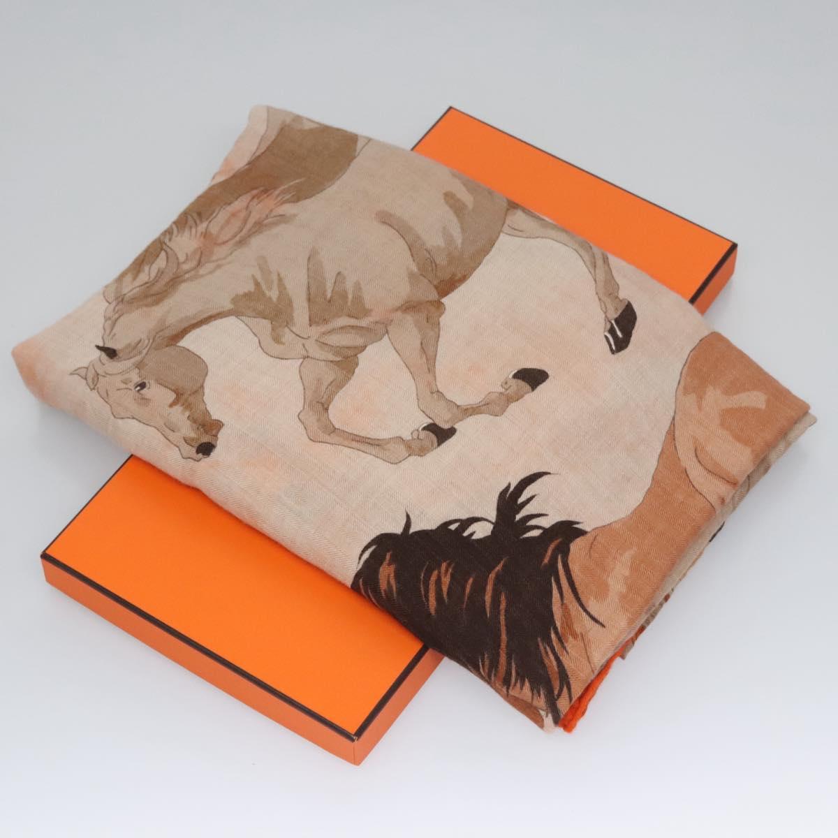HERMES Carre 140 Scarf ""LES CHEVAUX QATARIS"" Cashmere Orange Beige Auth hk2281
