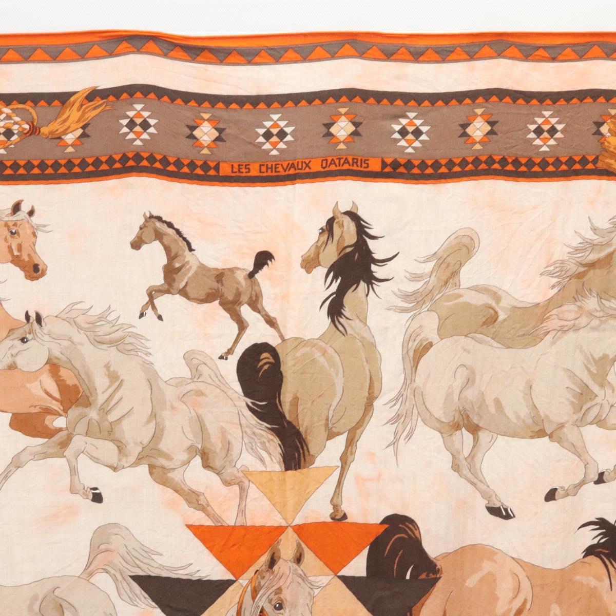 HERMES Carre 140 Scarf ""LES CHEVAUX QATARIS"" Cashmere Orange Beige Auth hk2281