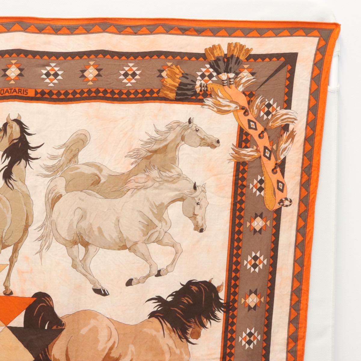HERMES Carre 140 Scarf ""LES CHEVAUX QATARIS"" Cashmere Orange Beige Auth hk2281