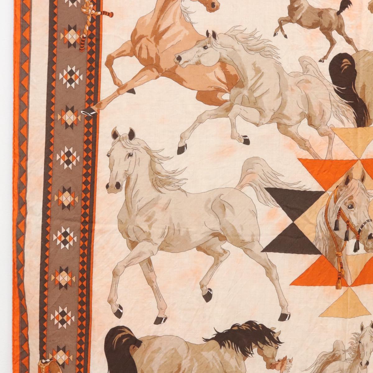 HERMES Carre 140 Scarf ""LES CHEVAUX QATARIS"" Cashmere Orange Beige Auth hk2281