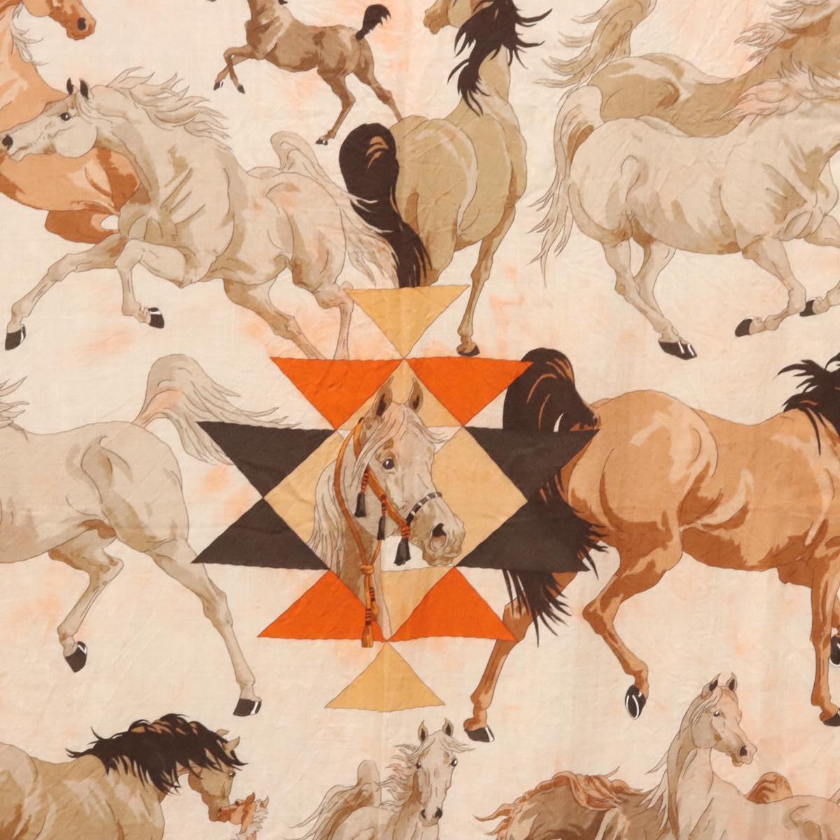 HERMES Carre 140 Scarf ""LES CHEVAUX QATARIS"" Cashmere Orange Beige Auth hk2281