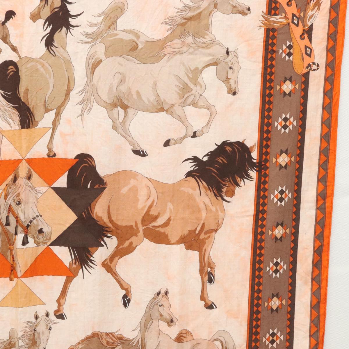 HERMES Carre 140 Scarf ""LES CHEVAUX QATARIS"" Cashmere Orange Beige Auth hk2281