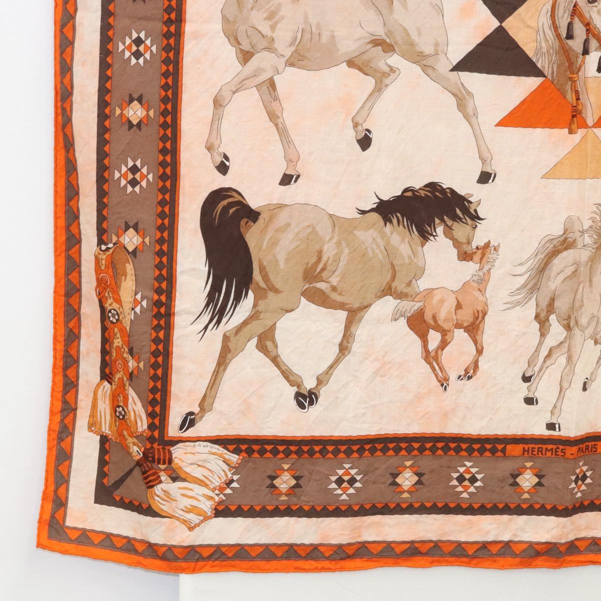 HERMES Carre 140 Scarf ""LES CHEVAUX QATARIS"" Cashmere Orange Beige Auth hk2281