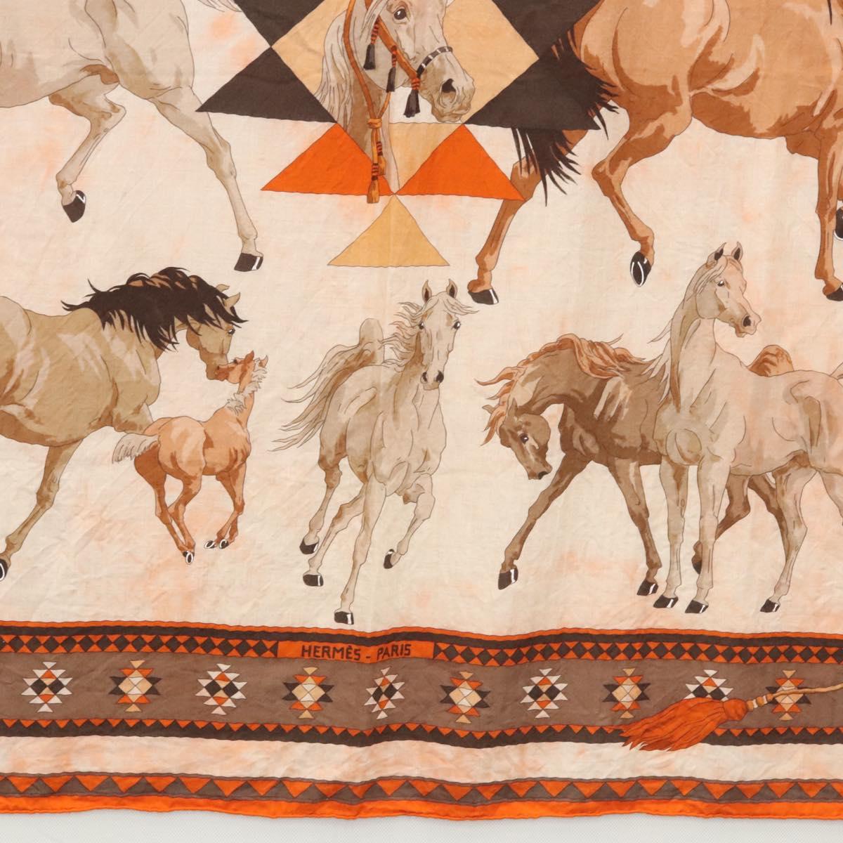 HERMES Carre 140 Scarf ""LES CHEVAUX QATARIS"" Cashmere Orange Beige Auth hk2281
