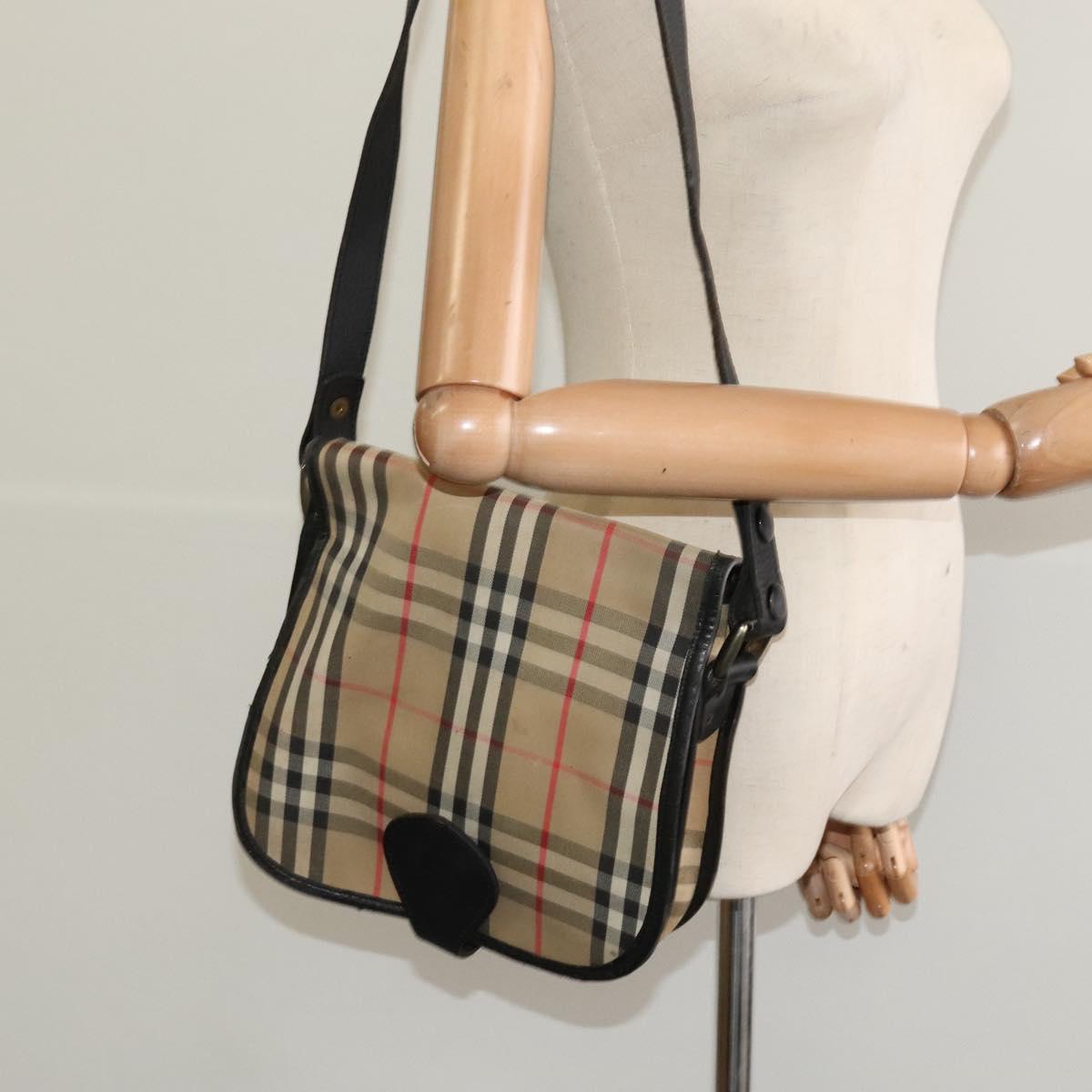 Burberrys Nova Check Shoulder Bag Canvas Leather Beige Black Auth hk2348